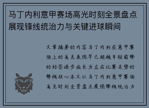 马丁内利意甲赛场高光时刻全景盘点展现锋线统治力与关键进球瞬间 马丁内利意甲赛场高光时刻全景盘点展现锋线统治力与关键进球瞬间